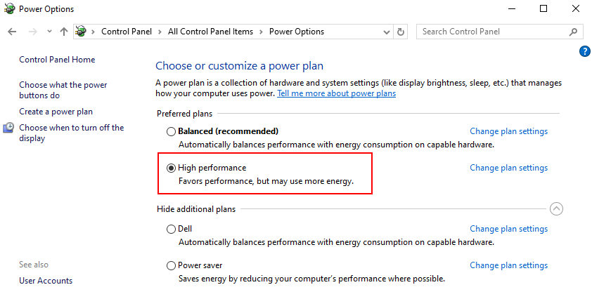 Power plan options in the Control Panel